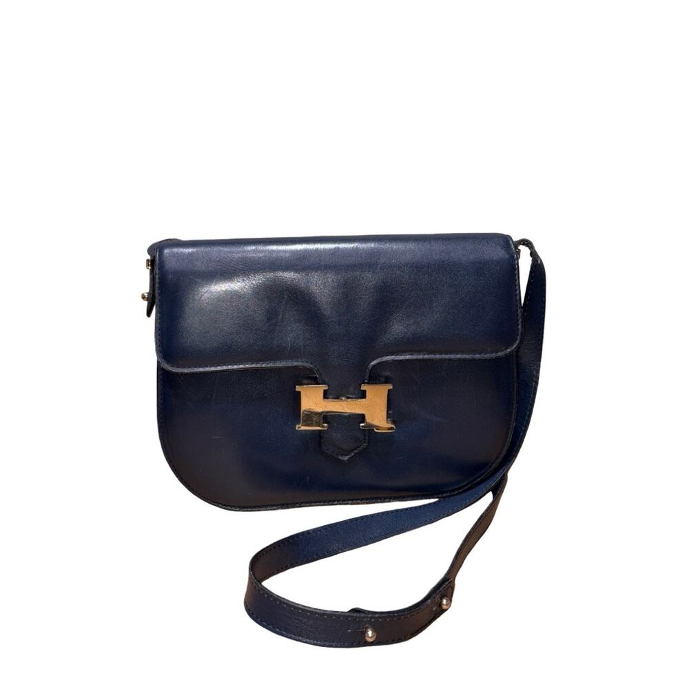 Vintage H Logo No Brand Navy Blue Leather Shoulder Bag